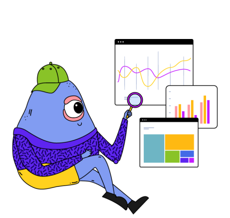 Ilustración de un alien viendo distintos gráficos con una lupa