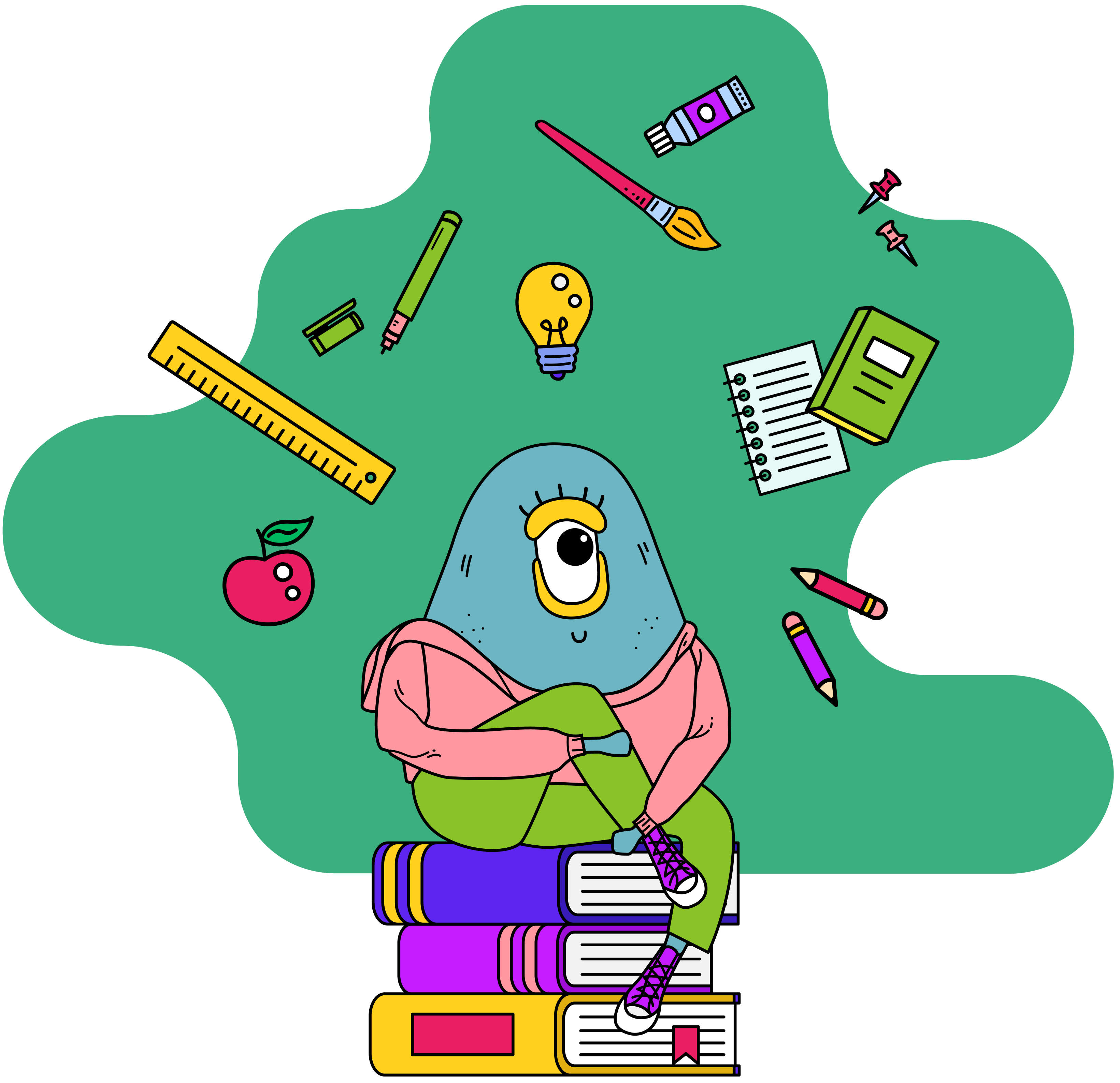 Alient sentado sobre tres libros observando distintos objetos escolares flotar